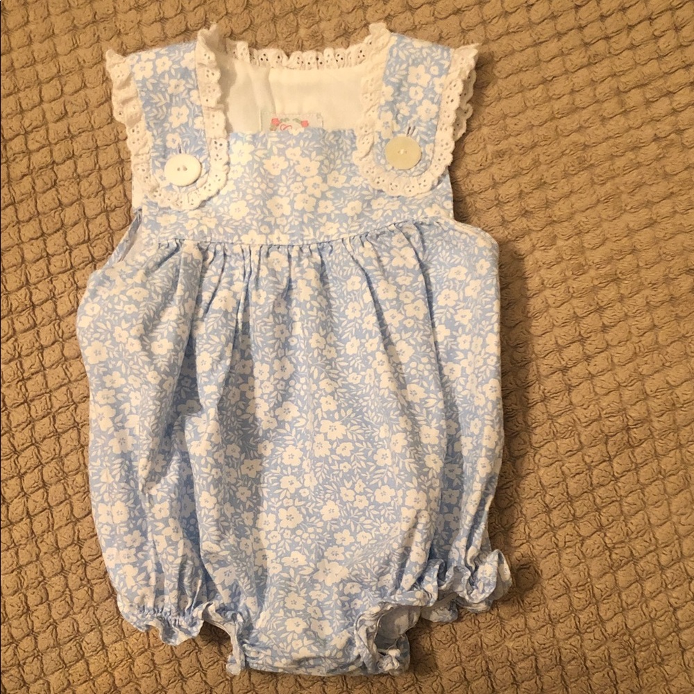 Baby Girls Blue Floral Lace-Trim One-Piece Romper